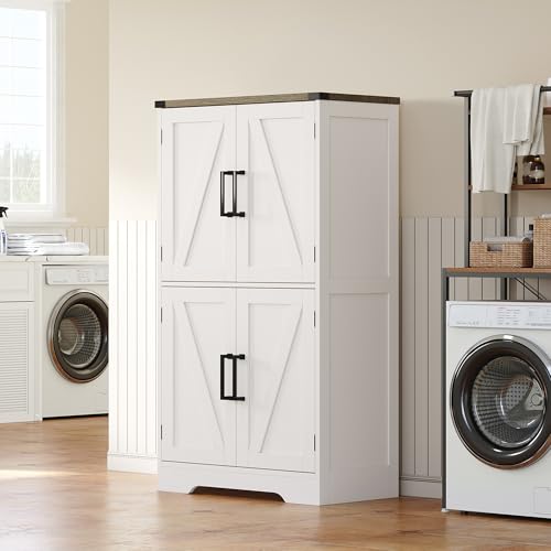 Treocho Narrow Bathroom Floor Cabinet, Farmhouse Bathroom Storage Cabinet with Doors and Adjustable Shelves, Freestanding Kitchen Pantry Cabinet, Cupboard for Living Room, Dining Room, White - color: White, size: 13.78"D x 23.62"W x 43.46"H