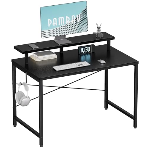 Pamray 32 Inch Small Computer Desk with Monitor Stand, Simple Office Desk with Headphone Hook for Small Spaces, Kids Study Writing Table for Bedroom, Black - color: Black, size: 32 Inch