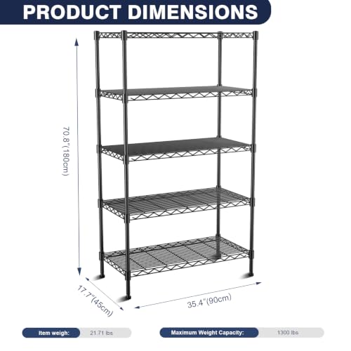 5-Tier Heavy Duty Wire Shelving Unit,35.4" Wx18 Dx71 H,Wire Shelf Racks with Wheels,Height Adjustable Storage Metal Shelves for Kitchen,Garage,Office,Living Room,Pantry,Black - size: 5-Tier,35"x18"x71"(WxDxH)