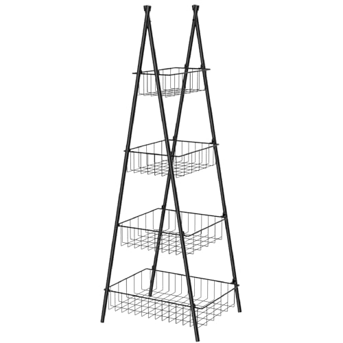 Wire Basket Stand for Kitchen and Bathroom 4 Tier Fruit Storage Basket Metal Floor Standing Vegetable Holder, Black
