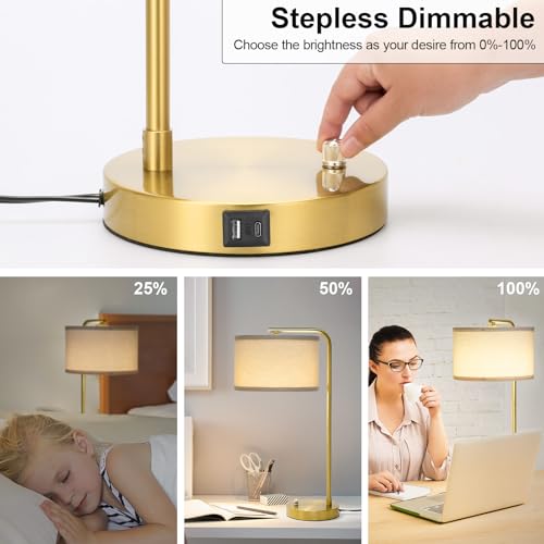 Fully Dimmable Bedside Lamp with C+A USB Ports, Mordern Gold Nightstand Lamp Desk Reading Lamp with Beige Drum Shade, Tall Side Table Lamp for Living Room Bedroom Office, 9W LED Bulb Included - color: Gold