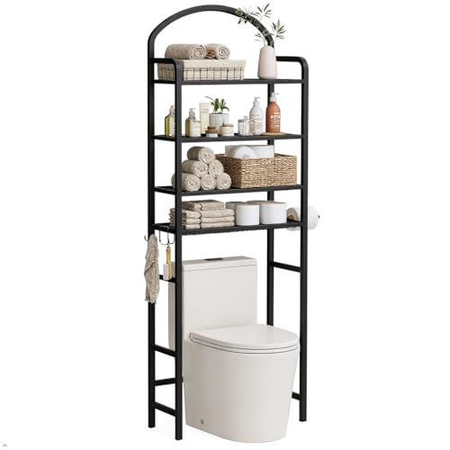 4-Tier Over The Toilet Storage, Bathroom Organizer | Space-Saving, 72"H Above Toilet Storage Rack with 4 Hooks and Paper Holder, Metal Shelf, Black - color: Black, size: 4-tier