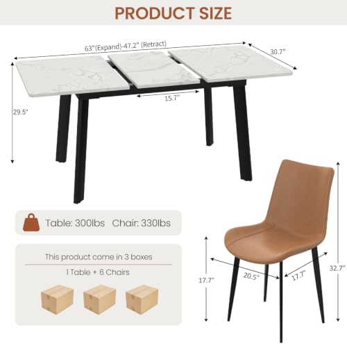 47.2"-63" Extendable Dining Room Table Set for 4-8 People, White | Removable Extension Leaf, Durable MDF Rectangle Tabletop, 6 Brown Sleek Faux Leather Chairs, Heavy Duty Modern Kitchen Table - color: 47.2'' - 63'' White Table+6 Brown Chairs
