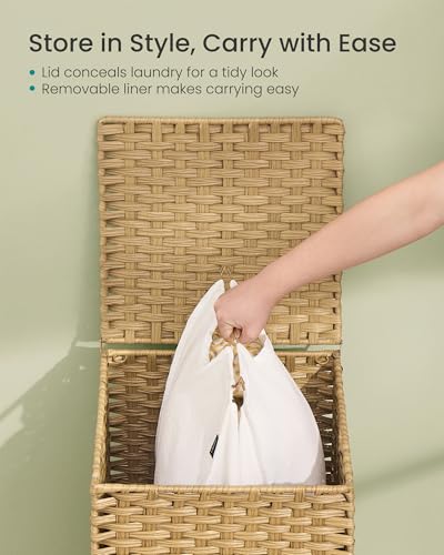 SONGMICS Laundry Hamper with Lid, 25 Gal (95L) PE Rattan Laundry Basket with Removable Washable Liners, for Bedroom & Living Room, Goose Yellow ULCB221YE01 - color: Goose Yellow, size: 95 L (1 Basket）