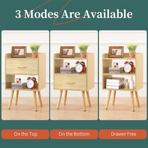 Yoobure Modern Nightstand with Fabric Drawer, Bedside Tables, Mid Century Nightstand with Open Storage Shelf, Wood Bedside Table, Small Night Stands for Bedrooms, 2-Tier Night Table - color: Natural