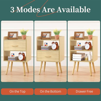 Yoobure Modern Nightstand with Fabric Drawer, Bedside Tables, Mid Century Nightstand with Open Storage Shelf, Wood Bedside Table, Small Night Stands for Bedrooms, 2-Tier Night Table - color: Natural