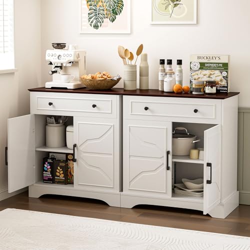 LCRBOL Sideboard with Drawer & Doors, Modern, Walnut Top & White | 30"W x 15.2"D x 32.2"H, 100 lbs top / 30 lbs shelf, 1 drawer & 2-door cabinet, adjustable shelf, soft-close hinges - color: White