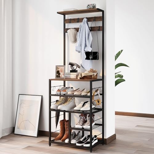 GiftGo Vintage Large 5-Tier Hall Tree with Console Table Entryway Coat Rack Floor Standing Shoes Rack Storage Shelf Organizer for Home Office Bedroom (Rustic Brown) - color: Rustic Brown