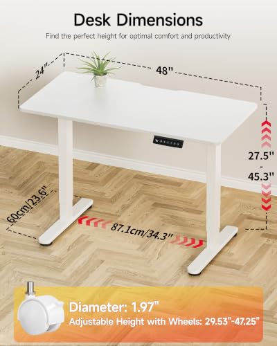 Okin Standing Desk Electric Adjustable Computer Whole Piece Stand up Desk with Wheels Office Gaming Home Office Memory Desks 48x24 inches White - color: White+casters, size: 48 Inch