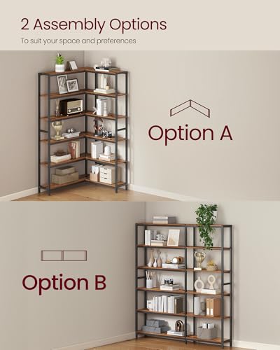 VASAGLE 6 Tier Bookshelf with Metal Frame, Convertible Industrial Corner Shelf, 9.4 x 52.8 x 69 Inches, for Living Room, Bedroom, Home Office, Rustic Brown and Ink Black ULLS806K01 - size: 6 Tiers (52.8"W)