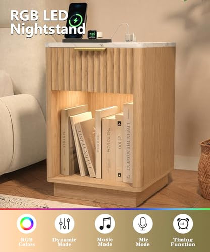 Akxomel Fluted Nightstand, Wooden Night Stand with Charging Station and LED Light, Modern Bedside Table with Drawer and Faux Marble Top, 15" D x 15.7" W x 22.6" H, for Bedroom, Natural Oak and White - color: Natural Oak and White