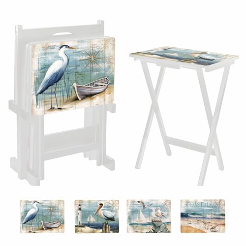 Cape Craftsmen Rectangular TV Trays White Tables | Set of 4 | Easy Folding Couch Trays with Storage Rack | Decorative Portabe Serving Tables for Home Activities (Seashore Birds, Set of 4) - color: Seashore Birds