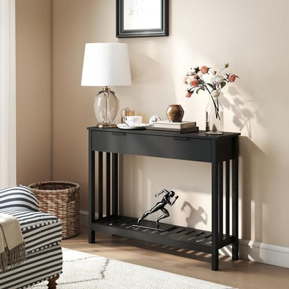 TaoHFE Black Narrow Console Table with Drawer Storage Shelf, Modern Wooden Entryway Sofa Table, 39 Inch Slim Behind Couch Table, Side Display Console Table for Living Room,Office,Black - color: Black