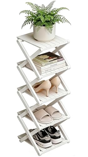 Bamboo Shoe Rack - No Assembly Required, Tall Narrow Foldable Shoe Organizer, Space-Saving Multifunctional Shelf for Entryways, Corners, Bedrooms, Balconies, 5 Layer White (Reinforced And Thickened ) - color: White, size: 5 Layers