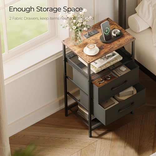 JARHETUN Nightstand Set of 2 with Charging Station, Night Stands with LED Lights, 26.4 Inch Tall Bedside Table with Metal Shelf, Side Table with 2 Fabirc Drawers for Bedroom, Rustic Brown - color: Rustic Brown, style: LED & Power