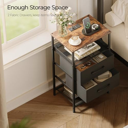 JARHETUN Nightstand Set of 2 with Charging Station, Night Stands with LED Lights, 26.4 Inch Tall Bedside Table with Metal Shelf, Side Table with 2 Fabirc Drawers for Bedroom, Rustic Brown - color: Rustic Brown, style: LED & Power