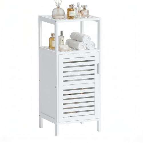 HITNET Bamboo Bathroom Storage Cabinet, 4 Tier Small White Floor Cabinet with Single Door, Free Standing Slim Narrow Storage Organizer for Living Room Entryway - color: White