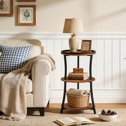 MAHANCRIS Small Round Side Table, 3-Tier Nightstand for Small Spaces | End Table with Raised Edge, Storage Shelf, Sofa Table for Corner, Living Room, Bedroom, Easy Assembly, Rustic Brown