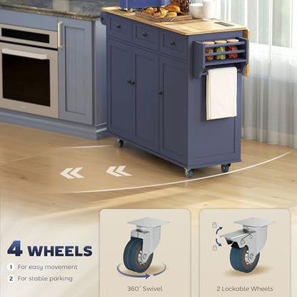 HOMCOM Kitchen Island with Drop Leaf and Power Outlet, Rolling Cart with Storage Cabinets, Solid Wood Island Table on Wheels for Kitchen with 3 Drawers, Towel Bars, Spice Rack, Dark Blue - color: Dark Blue