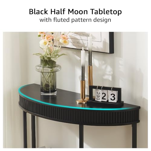 Fluted Half Moon Console Table, Modern 2-Tier Black Entryway Console | Sofa Back Table for Living Room, Hallway & Foyer (36" Width) - style: Basic