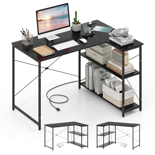 Tangkula L-Shaped Computer Desk with Power Outlets, USB & Type C Charging Port, Reversible Corner Desk with Adjustable Shelf, Heavy-Duty Metal Frame, Study Writing Table for Home Office - color: Black