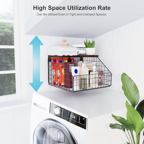 MSJGA Laundry Room Shelves Wall Mounted with Storage Basket - Farmhouse Stackable Wire Wall Shelves Organizer for Towels, Detergent, Tissues | Space-Saving Over Washer & Dryer(11.8" Wx12 Dx8.5 H) - size: 12"D