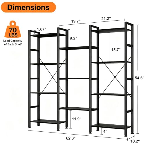 HealSmart Triple Column 4 Tier Bookshelf, Industrial Bookcase with 11 Open Display Adjustable Shelves, Wide Convertible Display Modern Bookshelf for Living Room & Home Office, Black - color: Black, size: 4-Tier＆3-Row