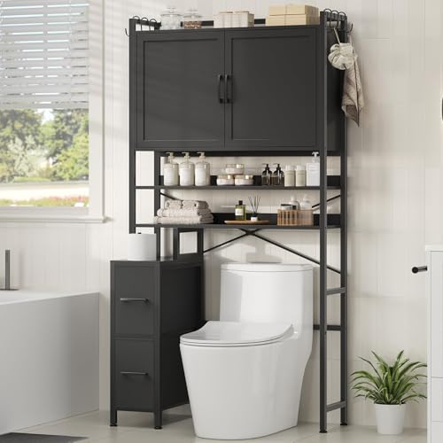 Over the Toilet Storage Cabinet with Doors, 2 Large Drawers & 6 Hooks, Over the Toilet Organizer with Toilet Paper Holder, Over the Toilet Storage for Bathroom, Laundry Room, Black - color: Black, style: Large Cabinet