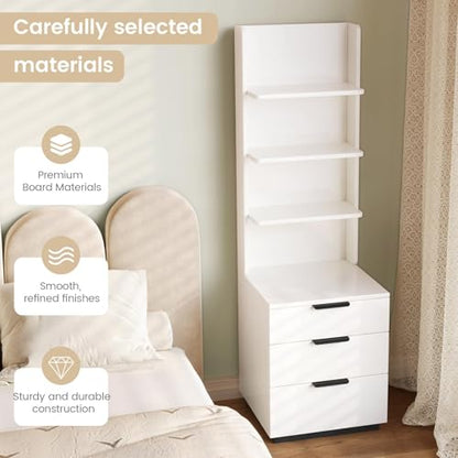 Night Stand, Tall Nightstand with 4-Tier Shelves and 3 Drawers, Bed Side Table for Bedroom, Hallway, Study Room and Home Office
