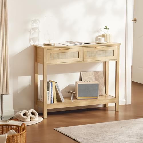 VEVOR Rattan Console Table with 2 Storage Drawers, Rattan Entryway Table with Natural Rattan Sliding Door, Console Sofa Table for Living Room, Study, Entryway Or TV Wall, Natural - size: 2 Drawers-Rectangular