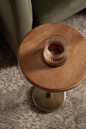Kate and Laurel Engles Modern Adjustable-Height Pedestal Drink Table, 10 x 10 x 30, Walnut Brown and Brass, Mid-Century Round Indoor Metal Plant Stand with Solid Wood Tabletop