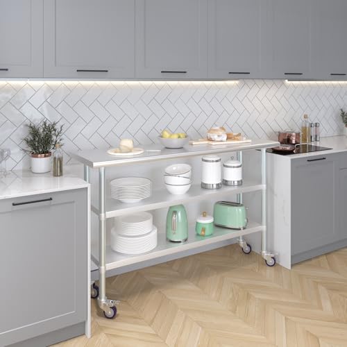 AmGood Stainless Steel Work Table with 2 Shelves and Casters | Metal Utility Table On Wheels (Stainless Steel Work Table with 2 Shelves + Casters, 60" Long x 18" Deep) - size: 60" Long x 18" Deep