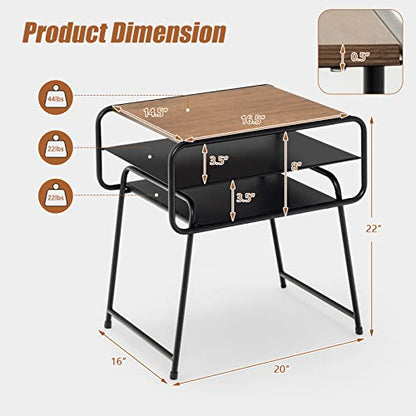 Giantex 3-Tier Side End Table with Shelf, Accent Side Table with Steel Frame, Modern Nightstand for Small Space, Couch Snack Table for Living Room Bedroom Study Easy Assembly (1, Brown & Black)