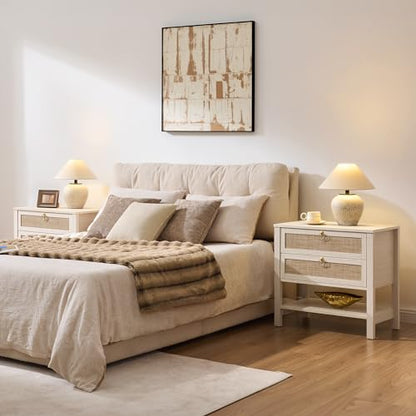 SICOTAS White Rattan Nightstand, Wide Bedside Table with 2 Drawers & Shelf | Large Night Stand with Storage Shelf, Coastal Boho Bedside Table for King Bed, Bedroom, Guest Room, Apartment, and End Table - color: White Cream Oak