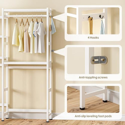 Cozivolife Over The Washer and Dryer Storage Shelf Bamboo,5 Tiers Laundry Room Drying Rack with Adjustable Shelves and 4 Hooks,Space Saver Organizer for Hanging Clothes and Towels (White) - color: White