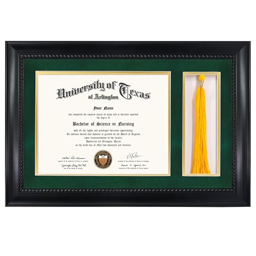 GMFrames 8.5x11 Diploma Frame with Tassel Holder, Solid Wood & Tempered Glass, Green over Gold Mat, Black Finish with Intricate Black Rope Detail - color: Black / Green Gold Mat, size: 11x17 for 8.5x11 with Tassel