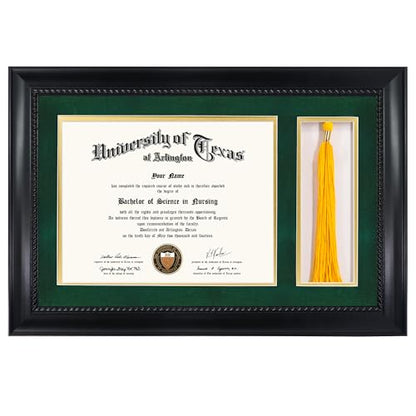 GMFrames 8.5x11 Diploma Frame with Tassel Holder, Solid Wood & Tempered Glass, Green over Gold Mat, Black Finish with Intricate Black Rope Detail - color: Black / Green Gold Mat, size: 11x17 for 8.5x11 with Tassel