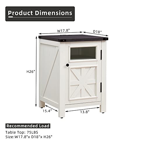 JXQTLINGMU Farmhouse End Table with Charging Station, 18'' Rustic Nightstand with Barn Door & Adjustable Shelf, Wooden Sofa Side Table with 3-Tier Storage for Living Room, Bedroom, White - color: White