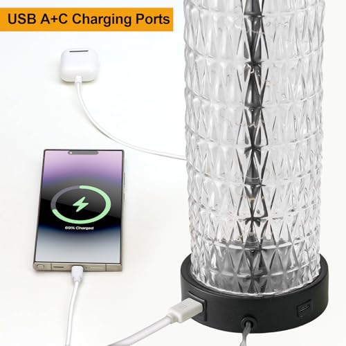 Oneach 27.75” Table Lamps Set of 2, Black Modern Bedside Lamp with LED Night Light, USB A+C, Glass Lamps for Living Room, Bedroom, Nightstand, Office, End Table (2 Bulbs Included) - color: Black - White Shade