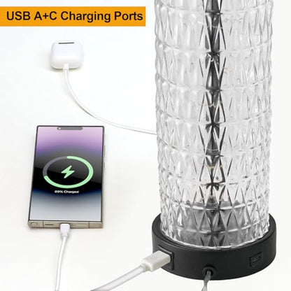 Oneach 27.75” Table Lamps Set of 2, Black Modern Bedside Lamp with LED Night Light, USB A+C, Glass Lamps for Living Room, Bedroom, Nightstand, Office, End Table (2 Bulbs Included) - color: Black - White Shade