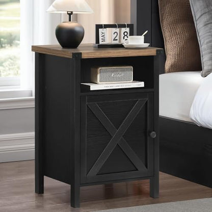 Catrimown Farmhouse End Table, Nightstand with Barn Door and Shelf,Black | End Tables,Wooden Sofa Side Table, Modern Bed Side Table Rustic Nightstands, Bedroom, Living Room - color: Black