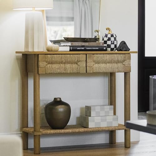 Nathan James Beacon Wooden Sofa Console Table with Drawers, Bohemian Entryway Table, Hallway Table with Seagrass Shelf, Light Brown, Set of 3 - color: Beacon Light Brown/Seagrass, size: Set of 3