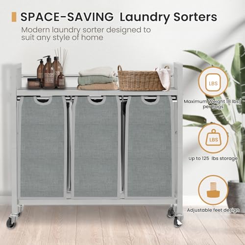 SwaaVee Laundry Sorter, Laundry Hamper 3 Section, 3×11.4Gal, Metal Frame Rolling Laundry Basket with Wooden Top Shelf, Pull out and Removable Laundry Bags, 3 Bags-Gray - color: Grey