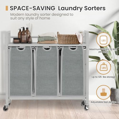 SwaaVee Laundry Sorter, Laundry Hamper 3 Section, 3×11.4Gal, Metal Frame Rolling Laundry Basket with Wooden Top Shelf, Pull out and Removable Laundry Bags, 3 Bags-Gray - color: Grey
