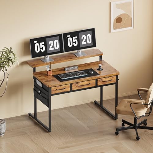 Maihail Small Desk with Drawers, 39.4X15.8-22.9 Inches Office Computer Desk with Side Pocket & Ergonomic Monitor Stand, Writing Table for Small Spaces, Bedroom, Rustic Brown - color: Rustic Brown, size: 39Inch