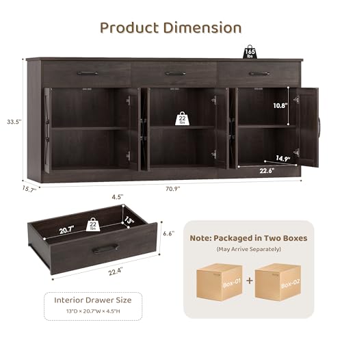 HOSTACK 71"W Farmhouse Kitchen Sideboard Buffet Cabinet with Storage, Brown | Large Coffee Bar Cabinet with 3 Wide Drawers, Long Buffet Table with Shelves, Kitchen Storage Cabinet for Dining Room - color: Dark Brown