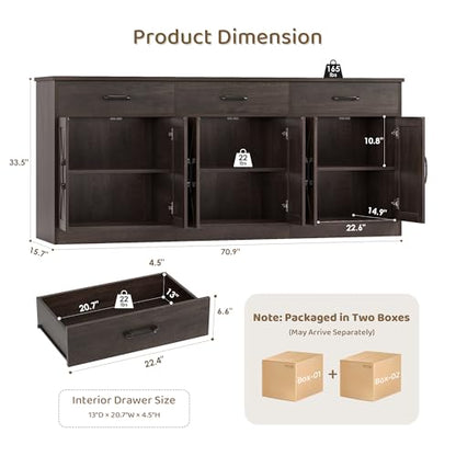 HOSTACK 71"W Farmhouse Kitchen Sideboard Buffet Cabinet with Storage, Brown | Large Coffee Bar Cabinet with 3 Wide Drawers, Long Buffet Table with Shelves, Kitchen Storage Cabinet for Dining Room - color: Dark Brown