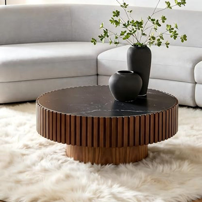 Round Coffee Table Walnut Ø35.43'' X 13.77''H Drum Coffee Tables Sintered Stone Tabletop for Living Room Small Space Fluted Circle Cocktail Tea Modern Center Apartment Home Furniture Easy Assembly - color: 35.43 Walnut Sintered