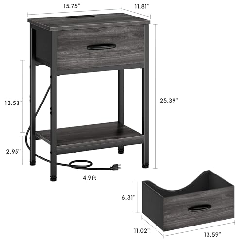 Vagusicc Nightstand with Charging Station, End Table with Fabric Drawer, Small Side Table with 2-Tier Storage Shelves, 25.4" Tall Night Stand, Bedside Table for Bedroom, Living Room, Dorm, Black Oak - color: Black Oak (1 Pack)