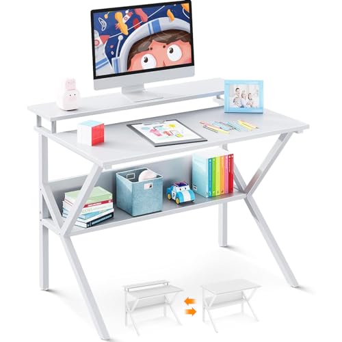 ODK Small Computer Desk, 27.5 inch Desk for Small Spaces with Storage, Compact Table with Monitor & Storage Shelves for Home Office, Modern Style Laptop Desk, Pure White - color: Pure White